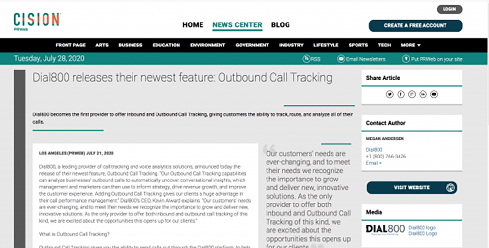 Dial800 outbound call tracking