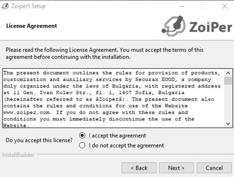 Accept Zoiper License Agreement
